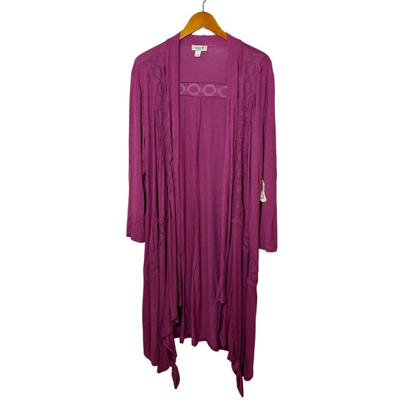 NWT One World Cardigan Women L Mauve Purple Lace Trim Duster Boho Festival - Picture 2 of 9